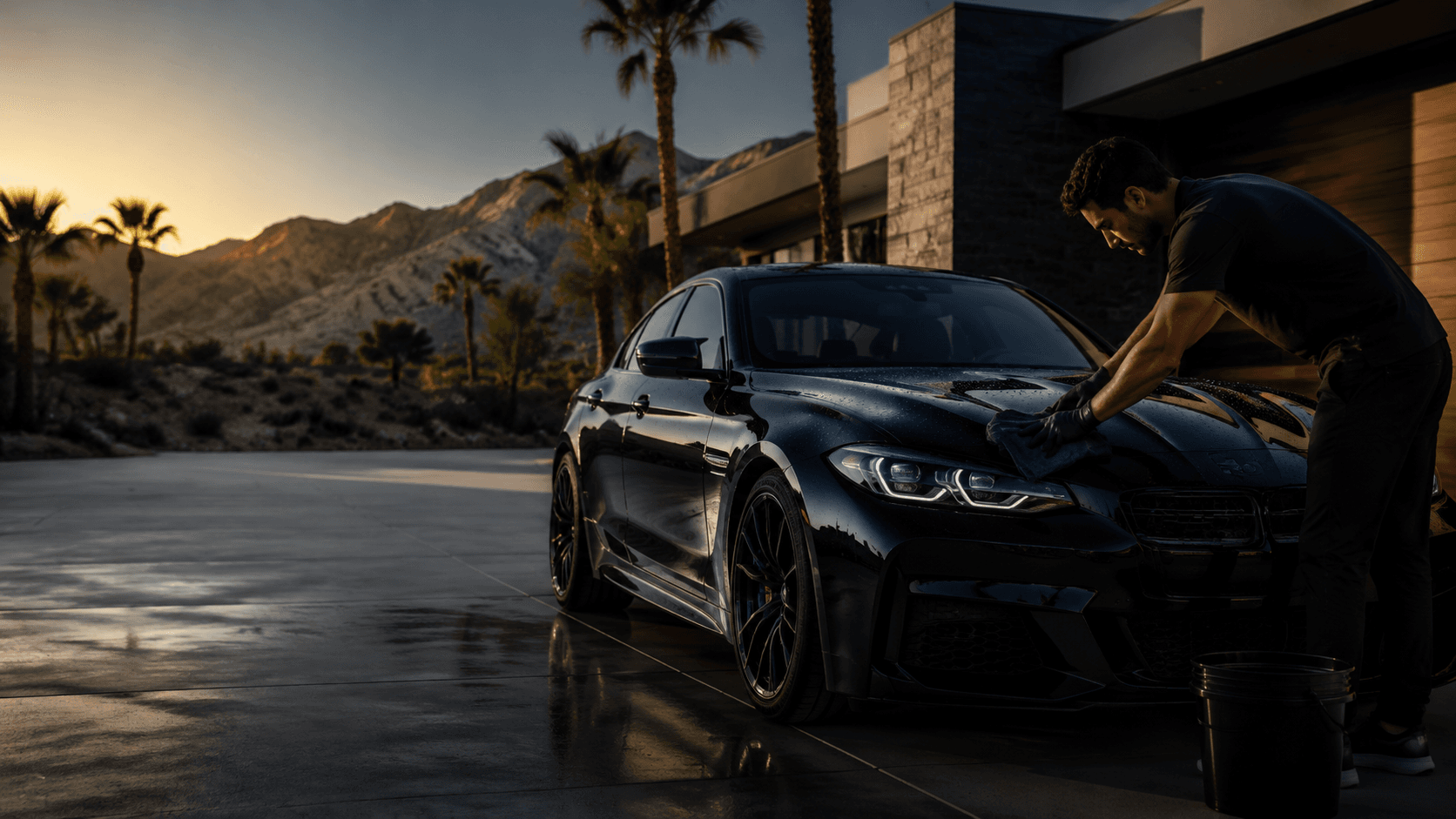 A mobile detailer finishing a black sedan at a Las Vegas home